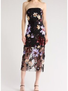 Sam Edelman Black strapless midi Dress with floral sequin embellishments A-27